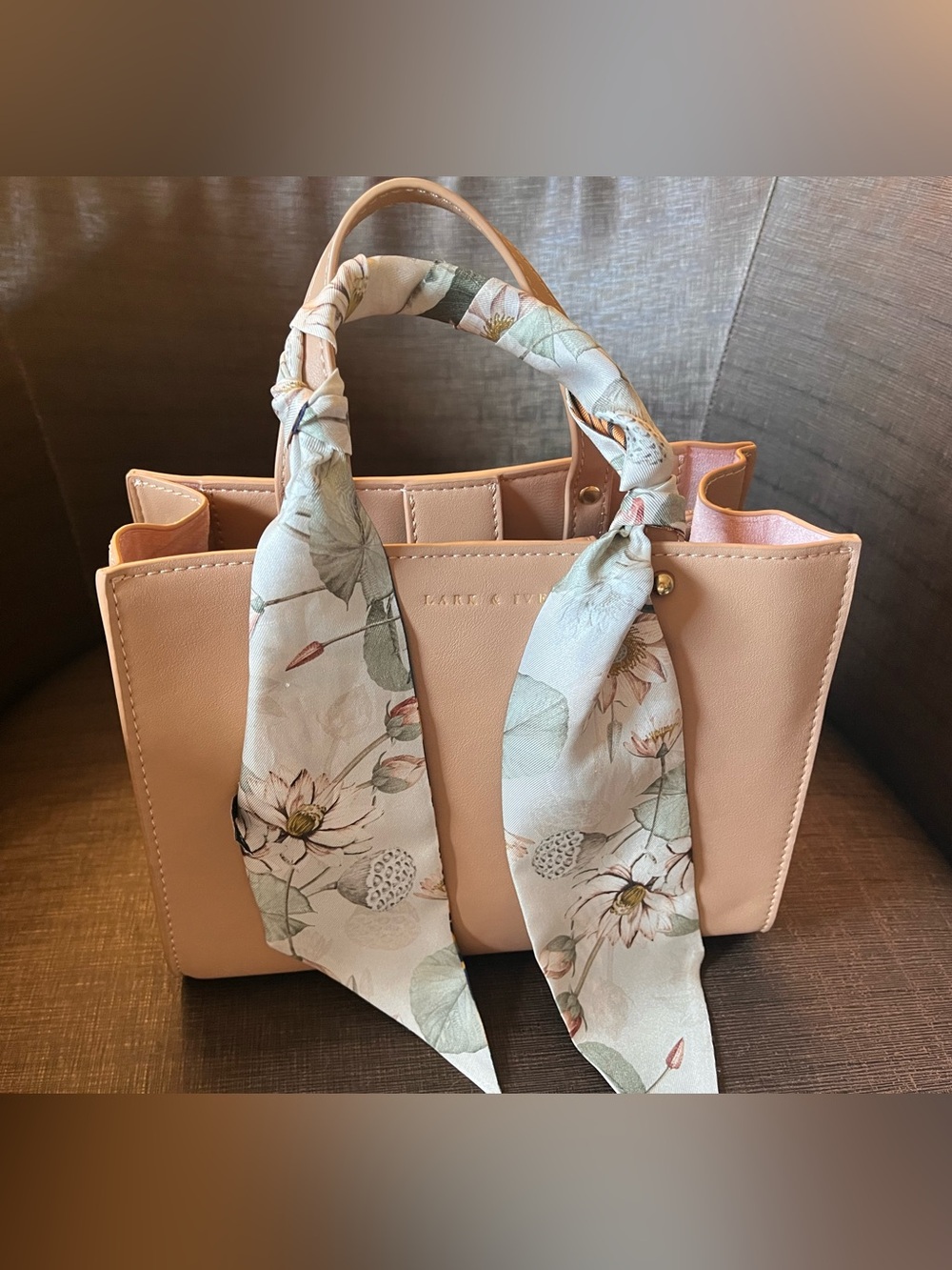 Lark and Ives- Blush Pink Mini tote/crossbody with Floral Scarf-Wrapped Handles